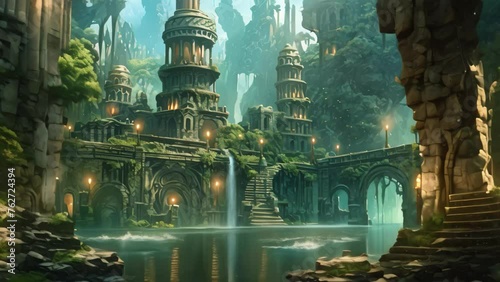 Fantasy landscape with fantasy temple in the deep forest. A thriving hidden oceanic civilization with enchanting architecture, bioluminescent plants, and mysterious inhabitants, AI Generated