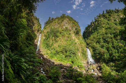 The twin falls of Trafalgar Falls high in the mountains of Dominica