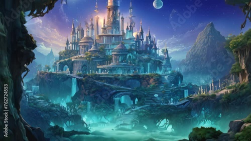 Fantasy landscape with fantasy castle and moon. 3D illustration. A thriving hidden oceanic civilization with enchanting architecture, bioluminescent plants, and mysterious inhabitants, AI Generated