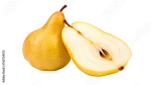 Two pears are halved, revealing their juicy interiors, on a clean white surface
