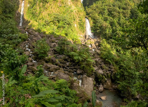 The twin falls of Trafalgar Falls high in the mountains of Dominica