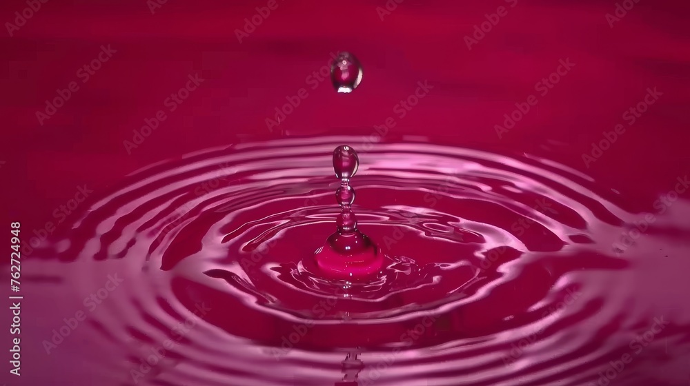 a close up of a water drop with a red background and a pink background with a drop of water on the bottom of the drop.