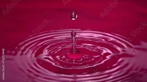 a close up of a water drop with a red background and a pink background with a drop of water on the bottom of the drop.