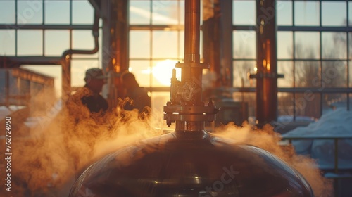 Luxurious whisky distillery  master blenders crafting premium spirits in modern industrial ambiance photo