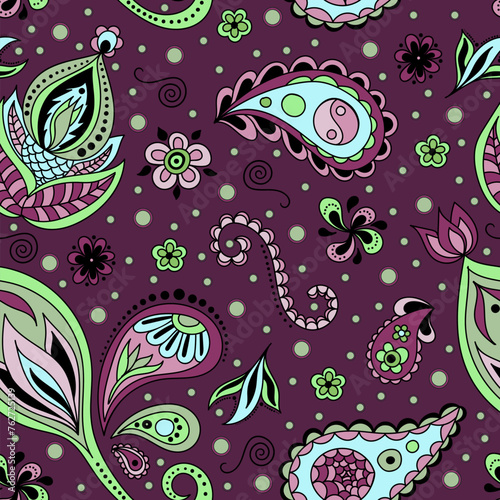 Hand draw seamless pattern with arabic, oriental, indian motiv. Traditional ornament, paisley