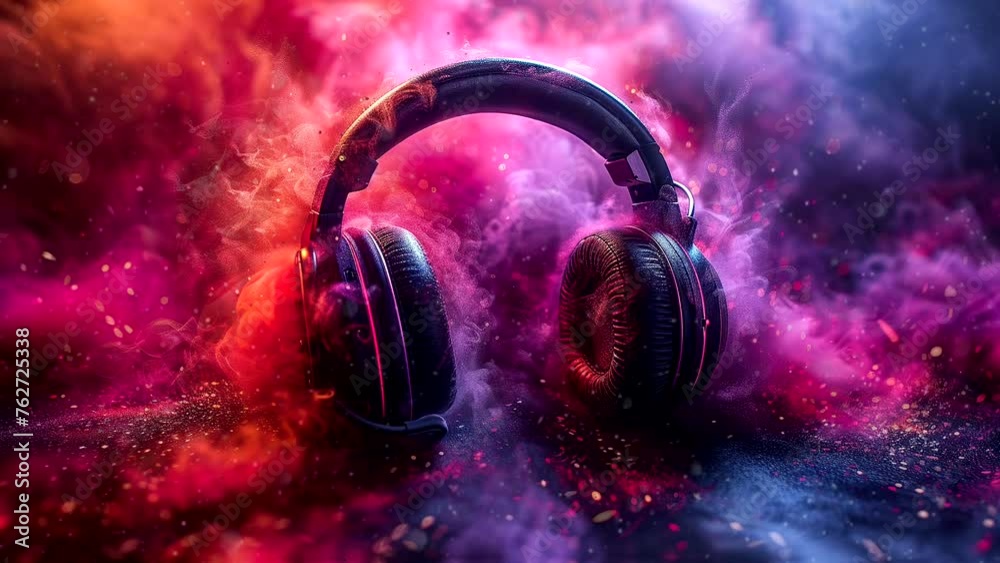 Headphones on animated abstract colorful dust background. Infinity loop 24seconds