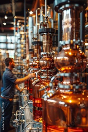 Artisanal scottish highland distillery craftsmen at copper stills in dimly lit barrel room