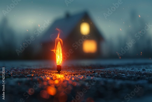 a burning match on the background of a wooden house. The concept of insurance and protection of real estate