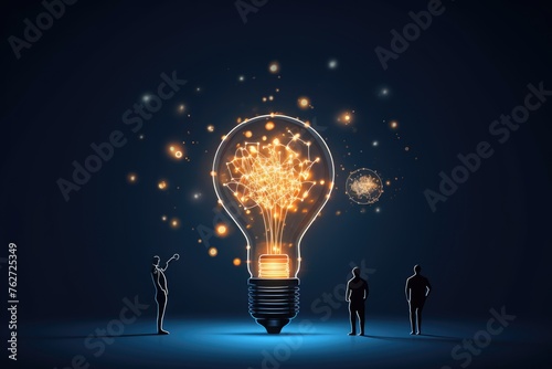 Conceptual art of figures admiring a glowing bulb, symbolizing idea generation. Silhouettes Gazing at Illuminated Lightbulb Against Dark Background