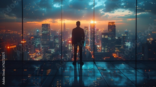 An all-businessman in a suit and cape stands on a rooftop looking over the cityscape and conceiving a business plan for the future. It is nighttime.
