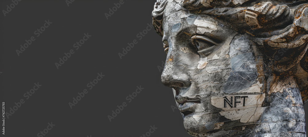 Head of ancient statue on grey background, NFT token and crypto art at online digital gallery. Concept of blockchain, non-fungible cryptocurrency, bitcoin