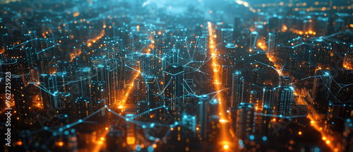 Network lines in smart city, aerial view of skyscrapers and communication web, abstract energy lights of modern buildings. Concept of connect, iot, future, technology, background.