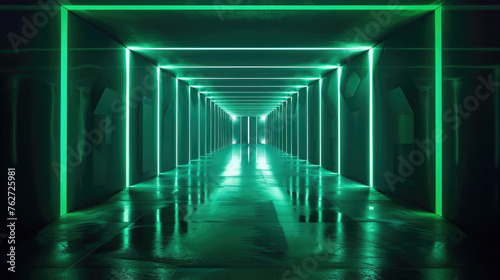 Abstract futuristic tunnel background  dark garage with green lines of neon light  interior of modern hall or warehouse. Concept of studio  room  building  technology  corridor