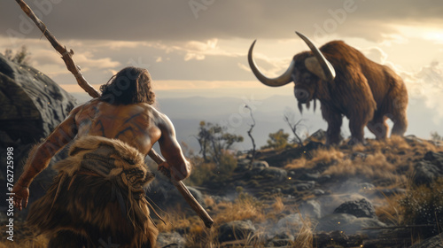 Neanderthal man stands against big woolly buffalo, primitive hunter and animal in prehistoric era. Concept of caveman, ancient people, hunt, Stone Age photo