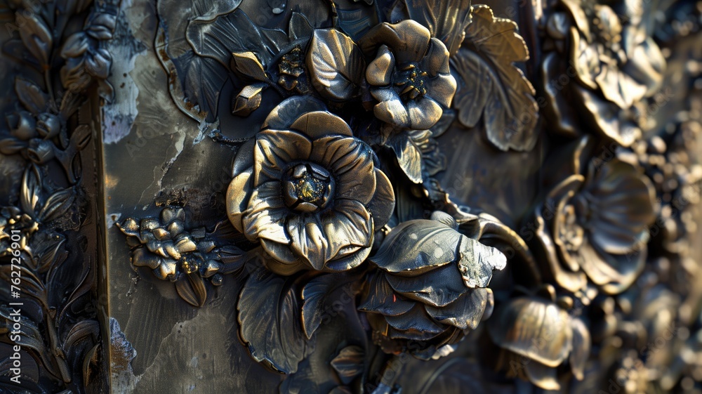 Close-up of metallic flowers in bas-relief, with a focus on intricate details and textures