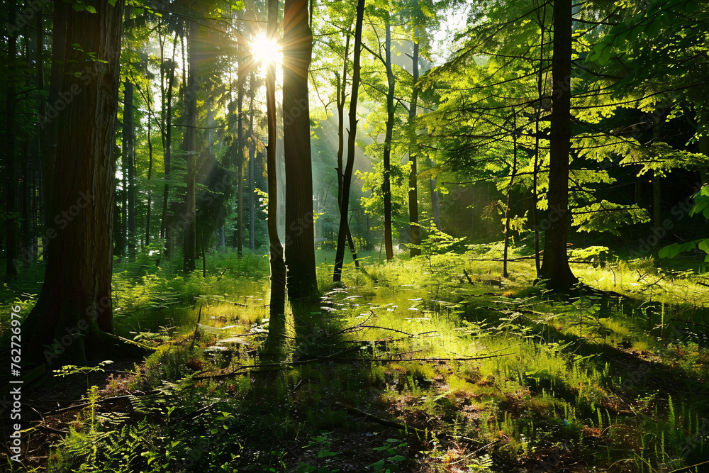 Fototapeta premium A peaceful moment in a secluded forest glade with sunlight