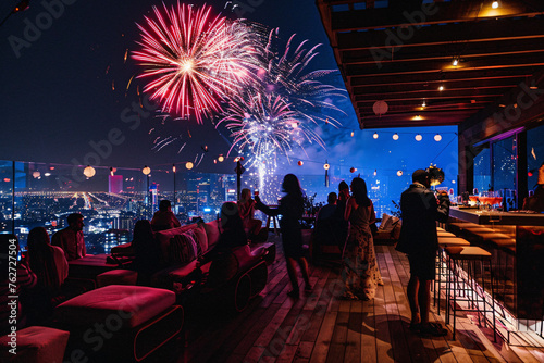 A rooftop party overlooking the city with festive