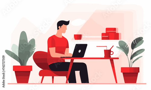 Man freelancer sitting on a chair behind a desk and working on a laptop in the office, vector illustration in red colors on white background