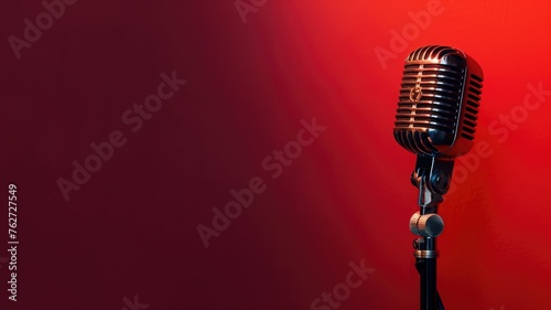 A classic microphone against a vibrant red backdrop, evoking a retro music vibe