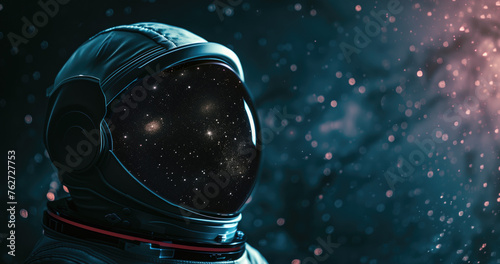 An astronaut helmet against a starry space backdrop, evoking wonder
