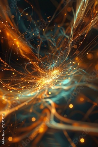 Neural cells with luminous communication nodes in an abstract dark space, 3D illustration photo