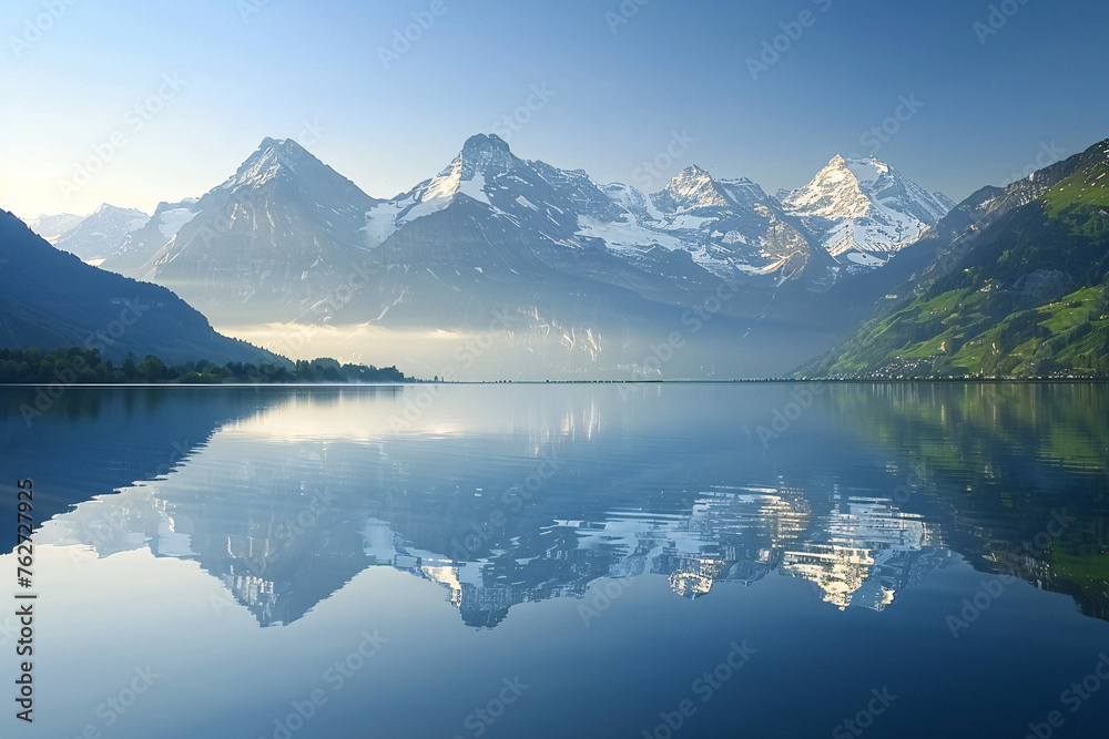 A serene mountain lake reflecting the snow-capped