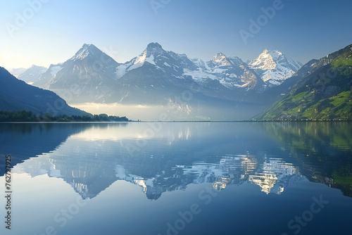 A serene mountain lake reflecting the snow-capped