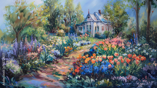 Painted landscape garden with flowers, plants, footpath and lovely house on sunny day light bokeh background