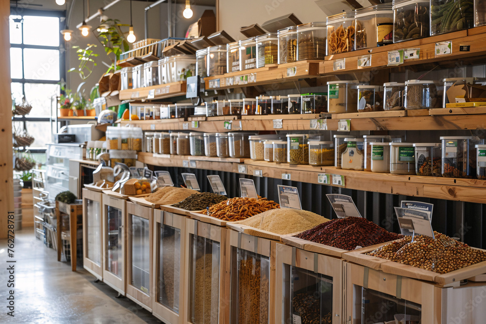 A zero-waste store with bulk bins reusable containers A zero-waste store with bulk bins reusable containers
