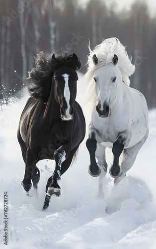Black horse and white stallion running in the snow, both horses have long manes