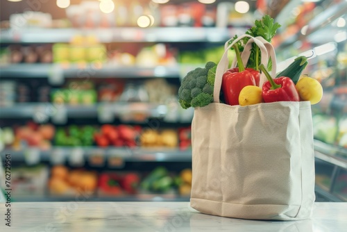 Recyclable shopping bag with fruits and vegetables and supermarket background. Front view. Horizontal and panoramic composition.