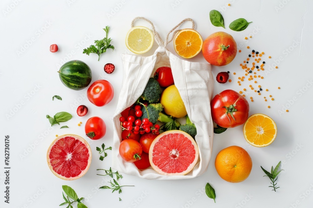 Recyclable shopping bag with fruits and vegetables on white table. Top view. Horizontal composition.