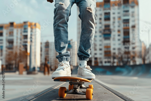 Close up on legs and skateboard of man skating in city