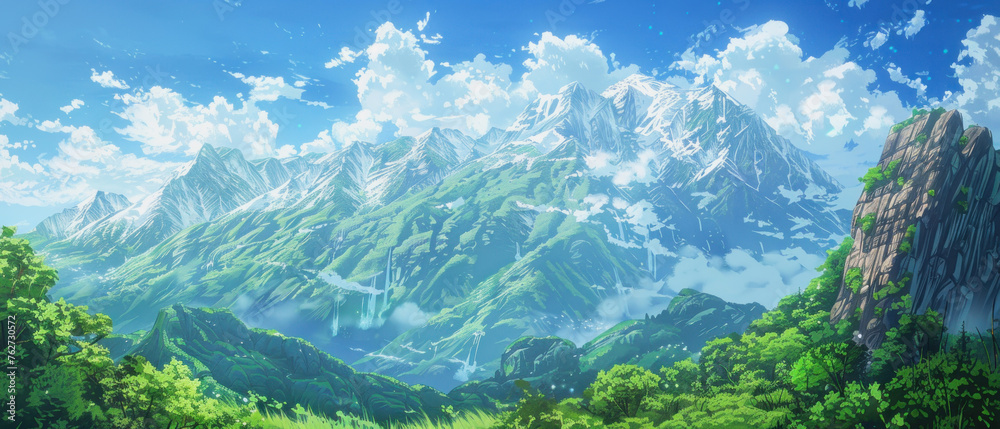 illustration of an anime mountain landscape with blue sky