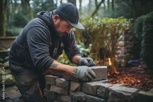 Man Building Brick Wall in Woods