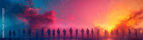Conceptual illustration of a group of people standing in a row against the background of a beautiful sunset