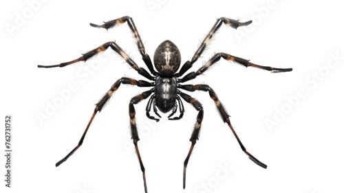 A black and brown spider crawls gracefully across a stark white background