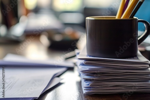 A cup filled with pencils placed on a stack of various papers, Stack of business documents with a mug of coffee on desk, AI Generated
