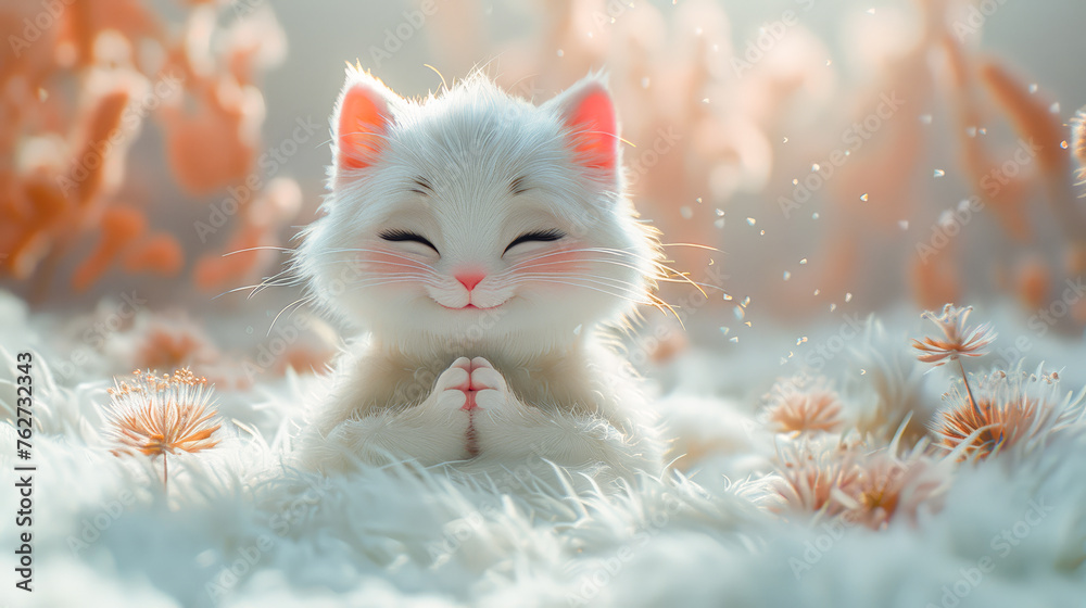 A cute little fluffy white kitten meditation 