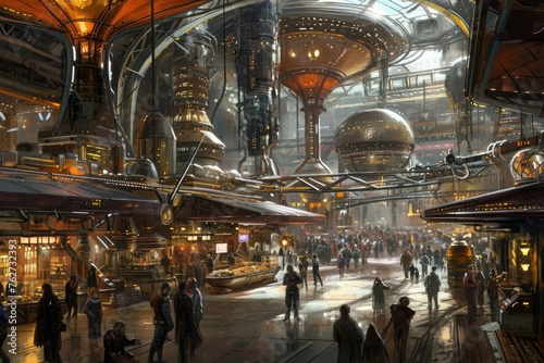 A bustling metropolis in the future, filled to the brim with numerous individuals going about their daily activities, Steampunk-inspired spaceport bustling with intergalactic travelers, AI Generated