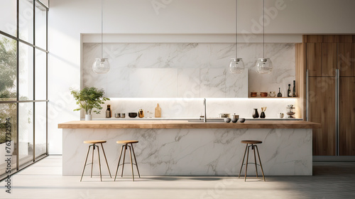 Fototapeta Naklejka Na Ścianę i Meble -  A kitchen with a marble countertop and white cabinets. The countertop is made of wood and has two stools. The kitchen is very clean and well-organized