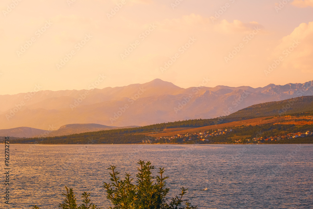 Croatian Mountain Range Above Sea At Sunset 