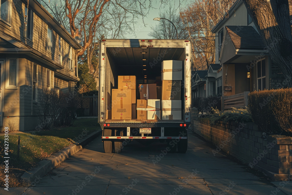 A moving truck parked in front of a suburban house, its back doors open to reveal neatly stacked boxes. A moving truck parked in front of a suburban house, its back doors open to reveal neatly stacked boxes.