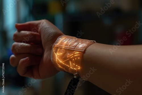 A persons arm showcased with a luminous wristband emitting a vibrant glow, Stretchable electronic skin patch applied on human wrist, AI Generated photo