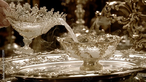 a person pouring a drink into a glass on top of a silver tray with a crown on top of it.