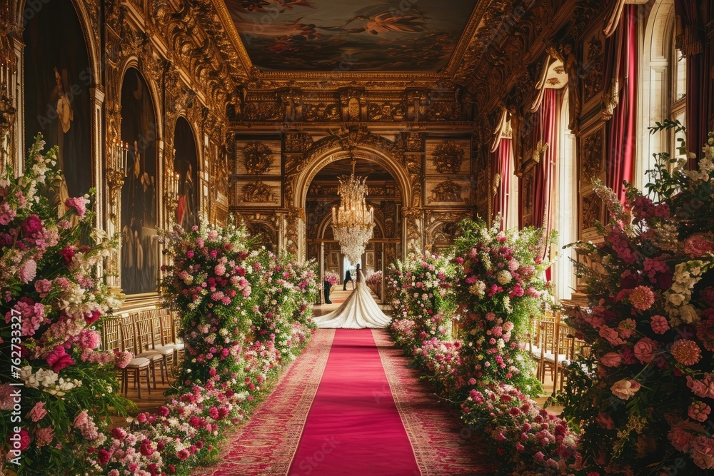 A visually striking hallway with a red carpet extending into the distance, adorned with flowers on both sides, Stunning regal palace as the backdrop for a royal wedding, AI Generated