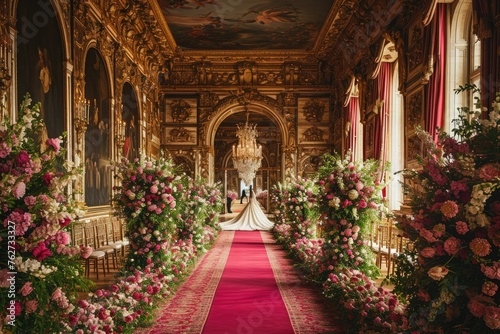A visually striking hallway with a red carpet extending into the distance, adorned with flowers on both sides, Stunning regal palace as the backdrop for a royal wedding, AI Generated