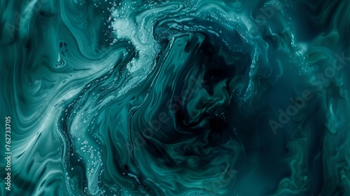 a close up of a blue and green swirl pattern on a black and white background with water droplets on the bottom of the swirl.