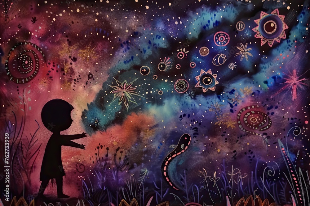 painting depicting a young boy gazing up at the stars in the night sky ...