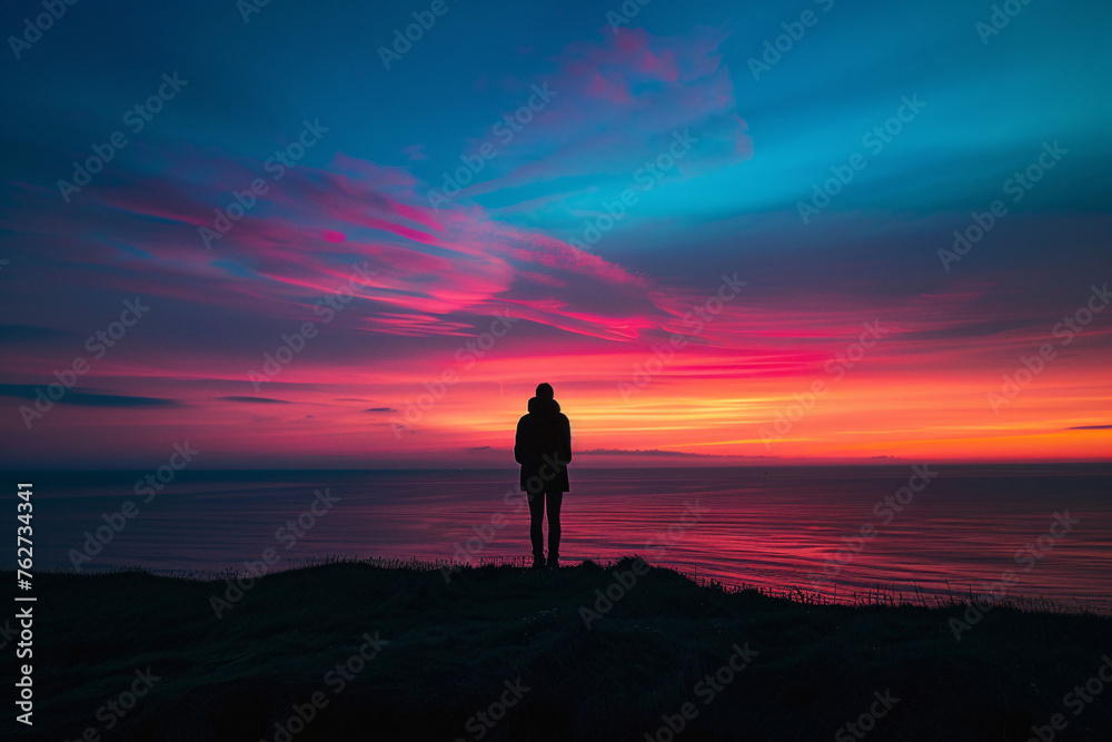 A lone figure silhouetted against a vibrant sunset